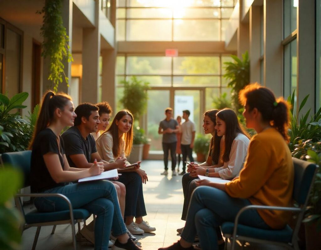 Studenti e genitori in dialogo con insegnanti, simbolo di collaborazione tra scuola e famiglia.