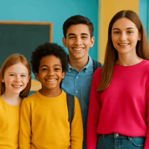 Quattro studenti di età diverse sorridono in aula, rappresentando la crescita attraverso le competenze socio-emotive