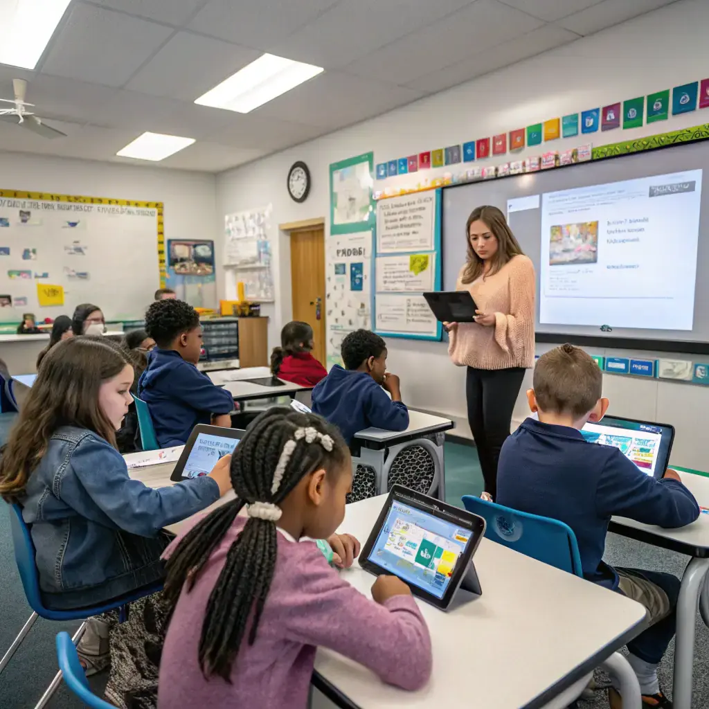A professional and inspiring image of a classroom with students engaging with AI technology, symbolizing innovation and education in a modern, digital environment.